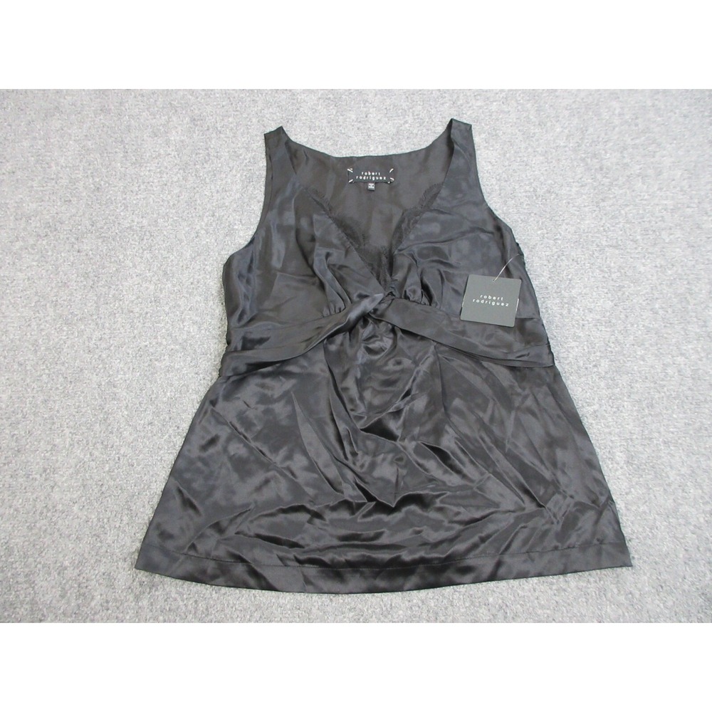 Robert Rodriguez Silk Tank Womens 8 Black Sleeveless V Neck Lace Babydoll Top
